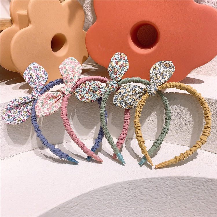 Korean-style children's floral bow headband for little girls, cute fabric rabbit ear headband, parent-child set hair clip