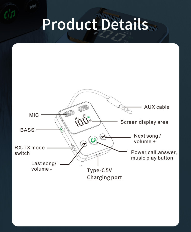BR17 Bluetooth receiver transmitter with subwoofer one-to-two integrated storage cable audio two-in-one adapter