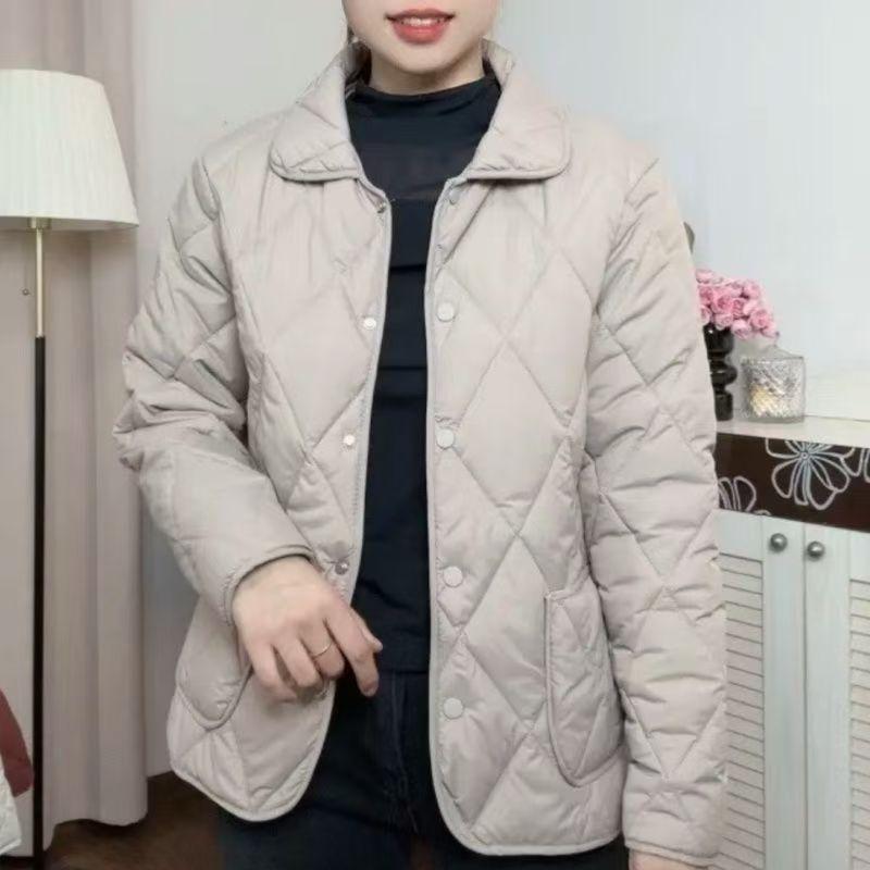 女士翻领棉服短款2025菱形格薄款夹棉秋冬外套棉衣其|undefined