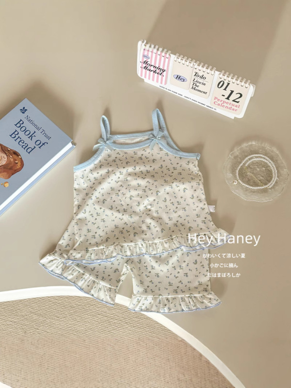 2025 夏子供サスペンダー花柄スーツ女の子ノースリーブショーツツーピースアイス感通気性漫画ホーム服|undefined