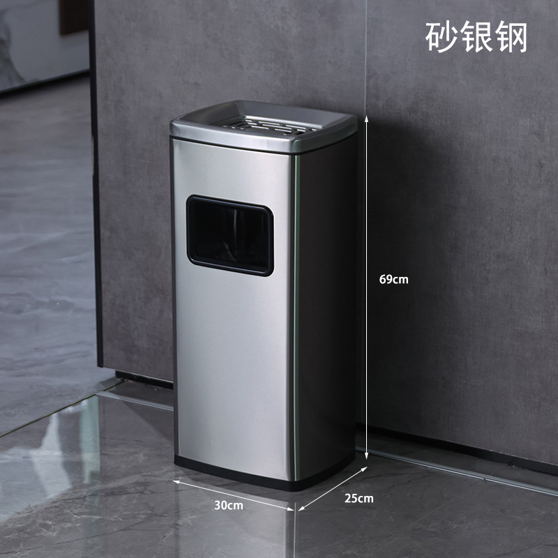 Bote de basura de acero inoxidable del hotel con cenicero, entrada de ascensor vertical, pasillo del vestíbulo, columna de humo para fumar comercial