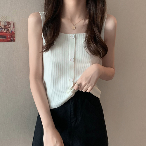Knitted spaghetti strap top for women, suitable for spring and summer, trendy, fashionable for students, slimming, can be worn outside, square neck, innerwear, sleeveless t-shirt