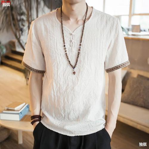 Slim Linen Cotton Mesh Men's Short Sleeve T-Shirt Summer Men's Trendy Personality Upper Clothes Short Axle Ture