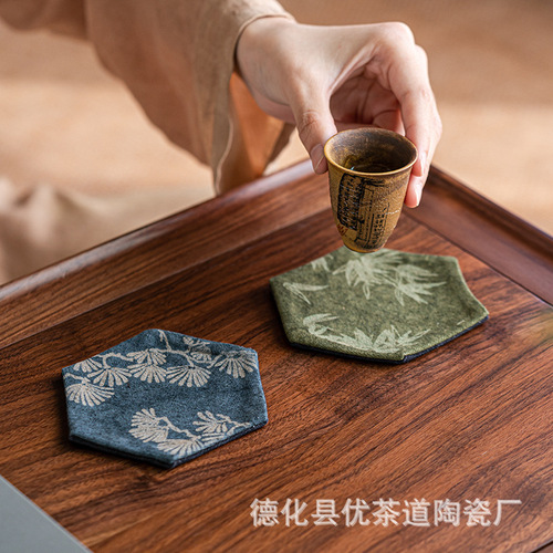 Excellent tea ceremony handmade tie-dye hexagonal coaster tea cup holder fabric pot tea mat tea table insulated tea ceremony accessories