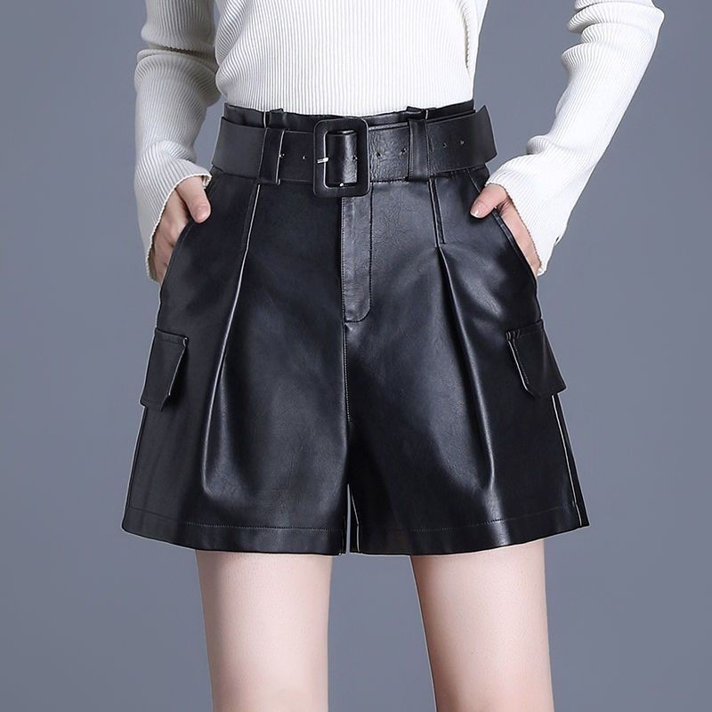 秋冬直筒短裤女宽松百搭2025显瘦新款黑色靴裤pu皮阔腿裤a字高腰