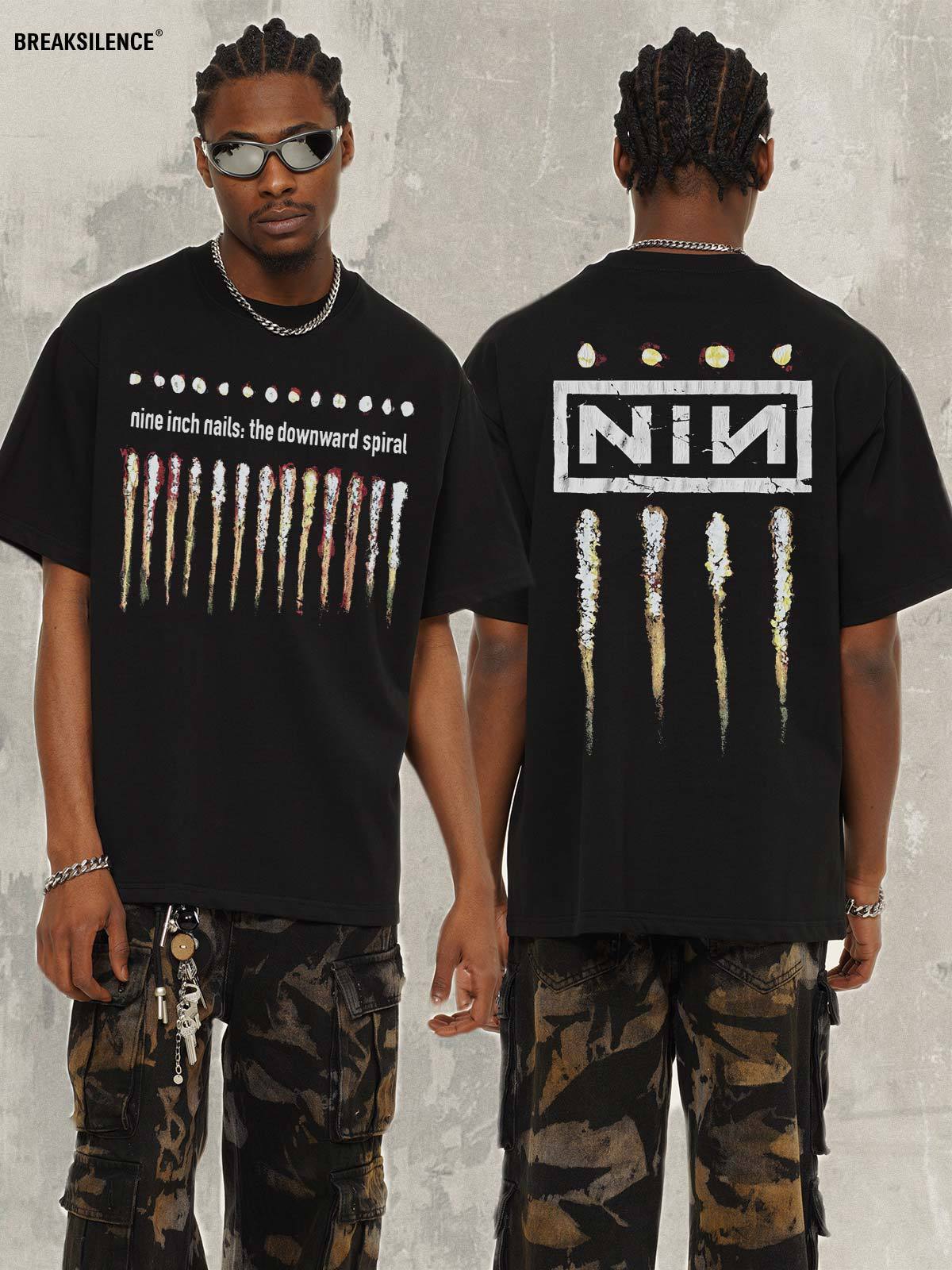 2025国境を越えた夏の九寸釘バンドアメリカ復古300g純綿重ポンド男tシャツプリント半袖男