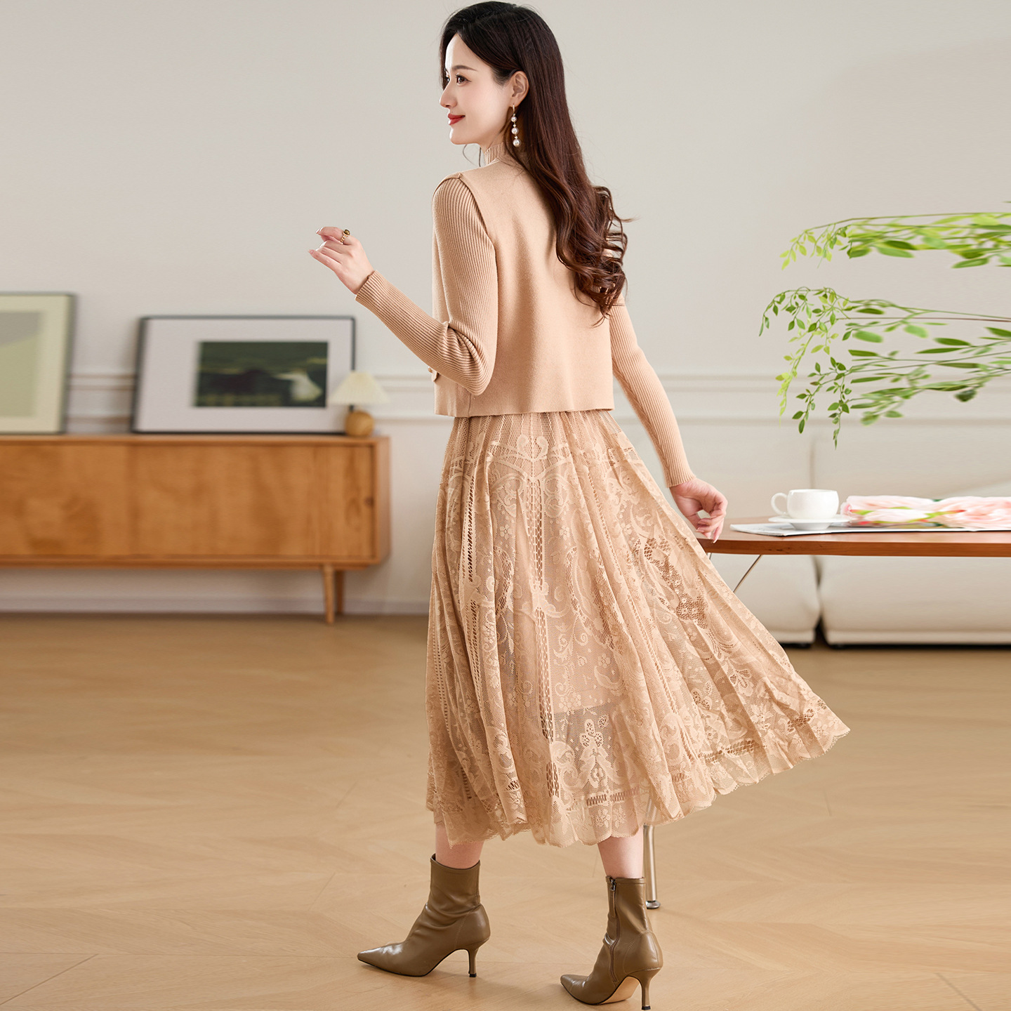 Vestido de tejido de encaje de dos piezas para mujeres de otoño y invierno con abrigo de lana de madres de mediana edad con falda de base image 4