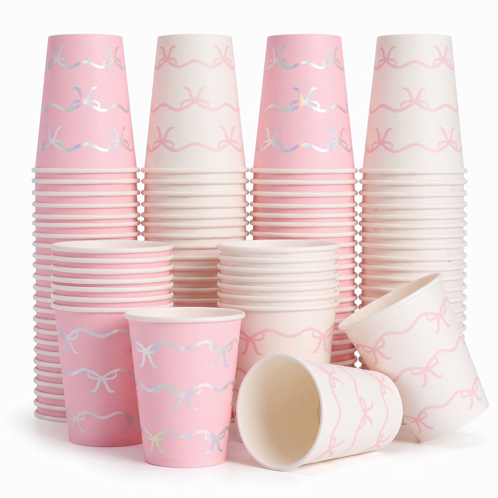 Iridescent Bow Thickened Party Paper Cups, Pink and Beige Two-Tone Ballet Style Paper Cups for Picnic and Afternoon Tea Party Supplies