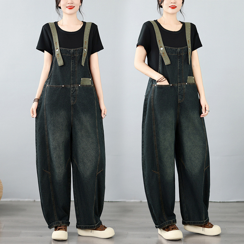 2026 early autumn new style color-blocked shoulder strap denim overalls casual curved pants for women 2026 early autumn new style color-blocked shoulder strap denim overalls casual curved pants for women