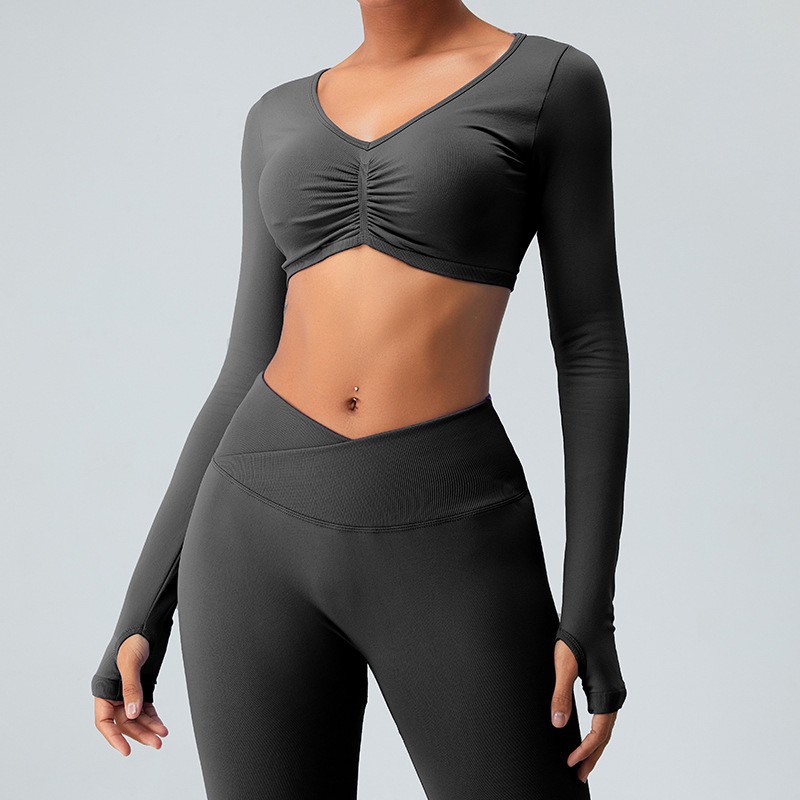 Transfronteriza otoño nueva ropa de yoga sin costuras pantalones de yoga de vientre cruzado de manga larga para mujer corriendo deportes ropa de fitness traje