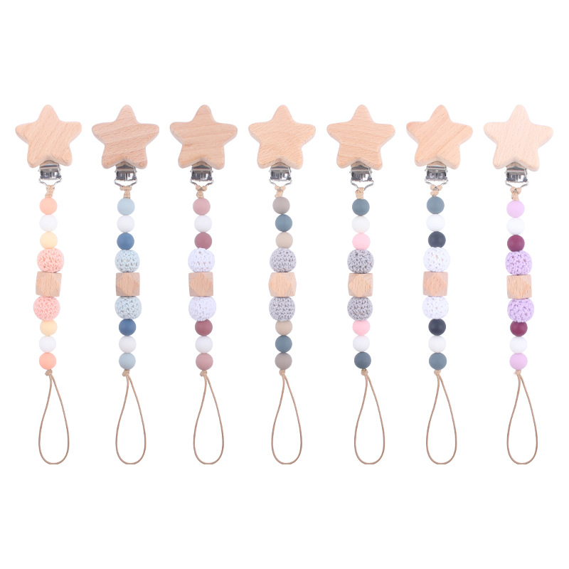 Nuevo bebé suministros estrella haya chupete clip bebé creativo madera octogonal mordedura silicona molar anti-gota cadena
