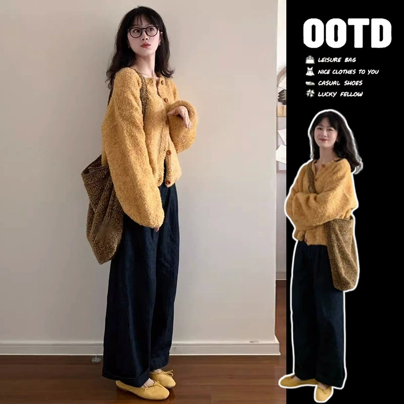 Японский стиль ленивый ретро оранжевый свитер-жакет ранняя весна 2025 новый осенний женский короткий вязаный кардиган