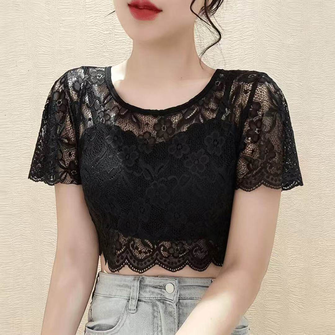 New summer style black half-length lace base layer top for women, short lace round neck short sleeve inner layer cover-up top