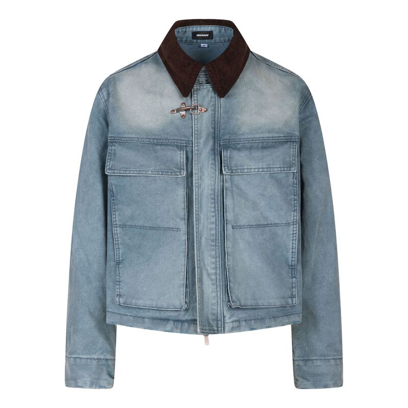 American-style distressed washed denim jacket for men with contrasting corduroy collar, short jacket with trendy multi-pocket design American-style distressed washed denim jacket for men with contrasting corduroy collar, short jacket with trendy multi-pocket design