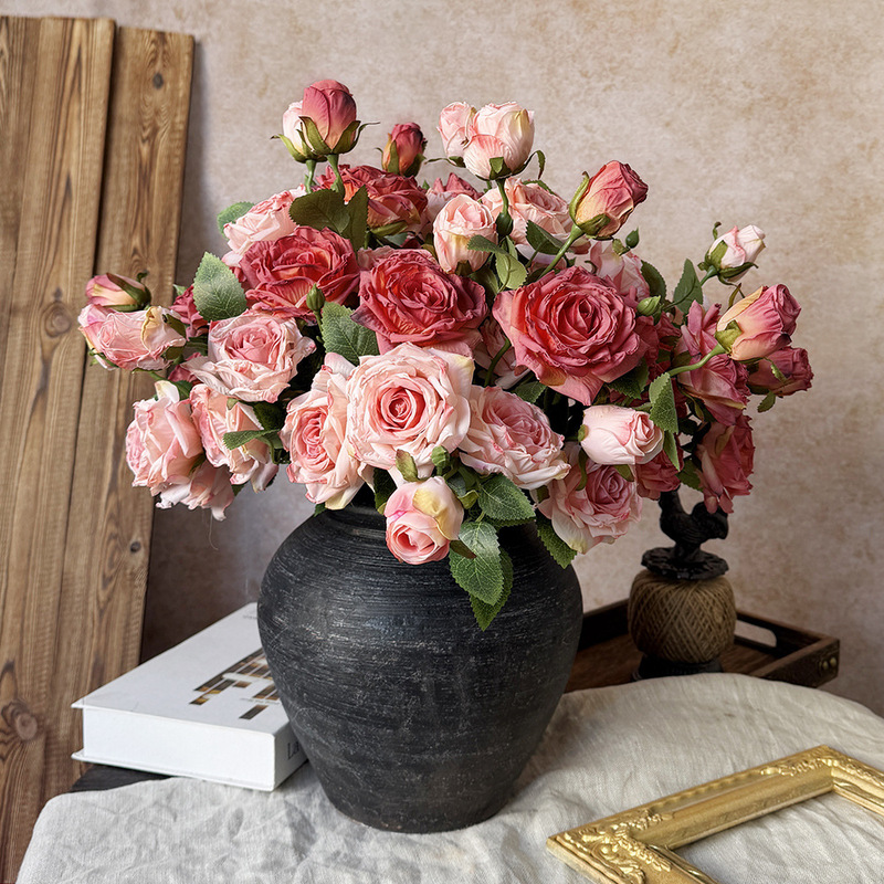 French Artificial Flower Single Branch 3-Head Burnt Edge Rose Retro Home Living Room Decoration Fake Flower Dried Flower Bouquet High-End