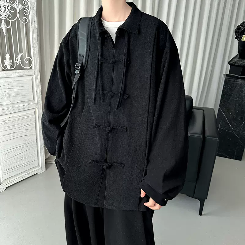 中国风盘扣长袖衬衫男春秋季国潮汉服唐装高级感男装宽松衬衣外套