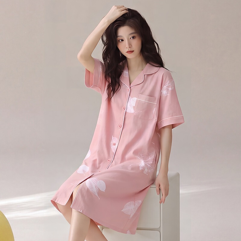 Zm【Z】Pure Cotton Short-Sleeved Women's Cardigan Short-Sleeved Nightgown Women's Loose Casual Fashion Simple Home Wear Sleepwear Zm【Z】Pure Cotton Short-Sleeved Women's Cardigan Short-Sleeved Nightgown Women's Loose Casual Fashion Simple Home Wear Sleepwear