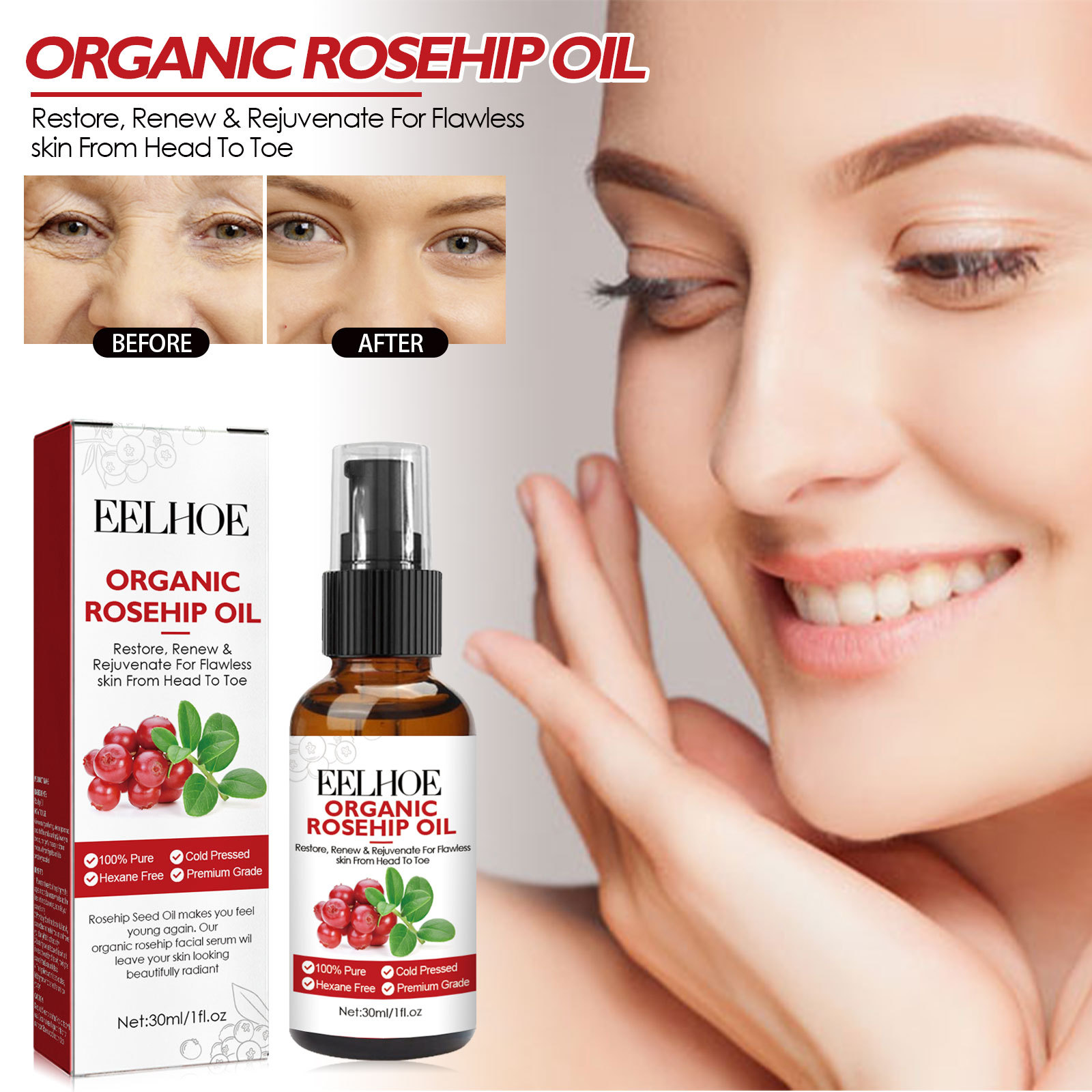 EELHOE Rosehip Oil Facial Essence Moisturizing and Hydrating Wrinkle-Fading Fine-Pore Anti-Aging Essence