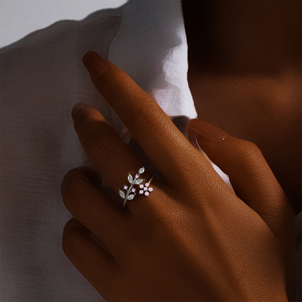 Zircon Inlay Material 925 Sterling Silver Zircon Leaves Rings