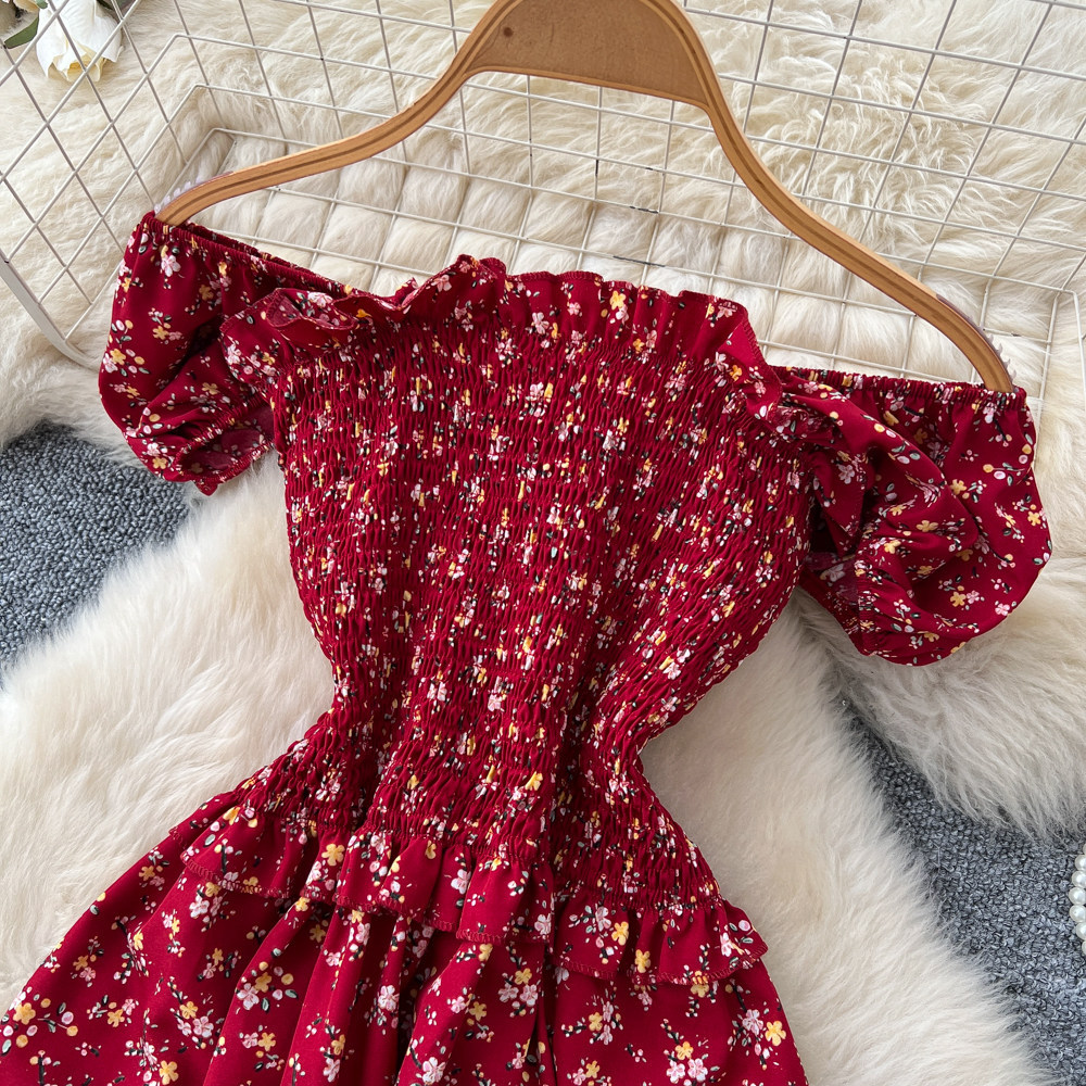 Women's French Sweet Style Square Neck Floral Dress Summer Korean Pleated Waist Tie A-Line Elegant Long Red Dress_ecoleips.com