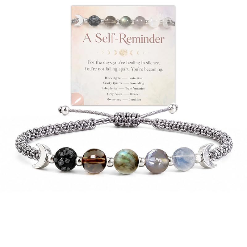Moon Crystal Bracelet, Women's Healing Bracelet with Five Beads, Crystal Braided Moon Phase Bracelet, Moon Crystal Bracelet