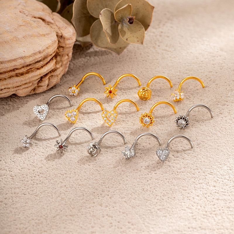 G23/F136 Titanium Allo S Rod Stud Micro Pave Zircon Hollow Heart Rose Flower European And American Nose Piercing_voghion.com