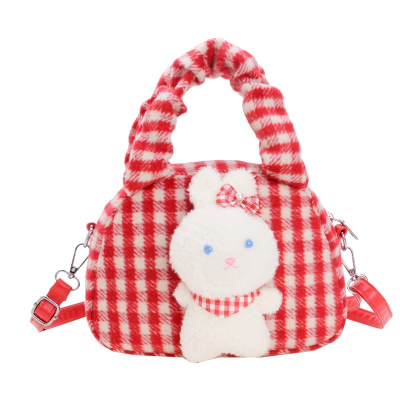 Bolsa de hombro coreana para niñas, lindo conejo blanco, bolso de moda a cuadros para bebés 2025 nuevo bolso de peluche para niños