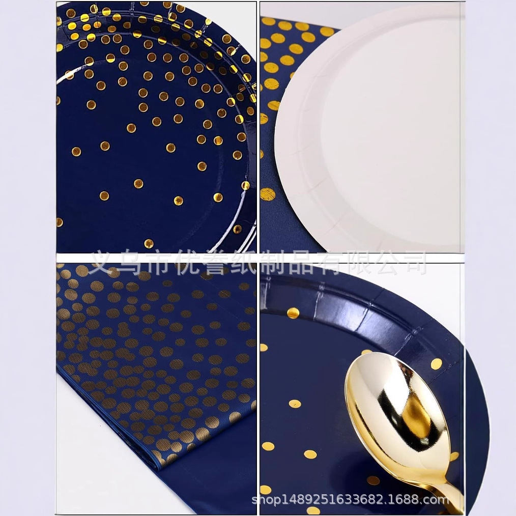 Platos de papel azul marino con estampado dorado, servilletas de papel, juego de vajilla desechable, mantel para fiestas, ecológico, biodegradable, apto para alimentos, en caja.