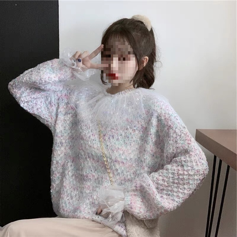 New Autumn and Winter Lazy Style Super Fairy Sweater Versatile Design Niche Slimming Lace Top for Women Light Gray