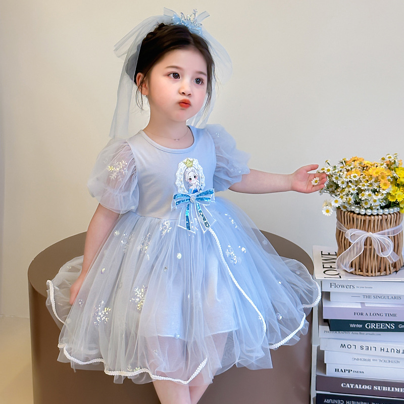 Girls dress Summer 2025 New Baby Stylish Fashionable Dress Summer Children's Short Sleeve Princess Elsa Dress