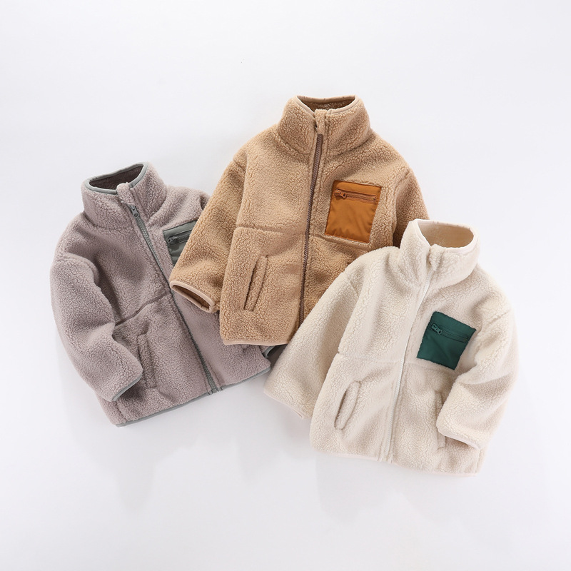 2023 autumn and winter New thickened cotton-padded coat cotton fleece Berber fleece granular fleece embroidered stand collar color matching coat for children