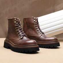 新款马丁靴男真皮男靴潮流英伦复古高帮皮鞋透气牛皮厚底工装靴子