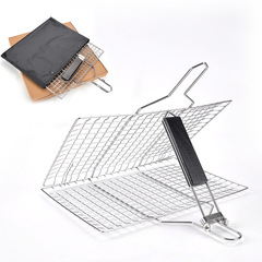 Outdoor folding barbecue net barbecue tools stainless steel wooden handle food clip 430 grilled fish clip removable BBQ grill net