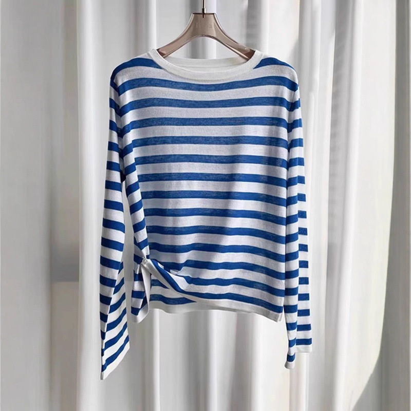 Coastline Spring and Autumn Casual Style Blue and White Striped Round Neck Long Sleeve Knitted Sweater for Women, Loose Fit, Breathable, Versatile T-Shirt Top Coastline Spring and Autumn Casual Style Blue and White Striped Round Neck Long Sleeve Knitted Sweater for Women, Loose Fit, Breathable, Versatile T-Shirt Top