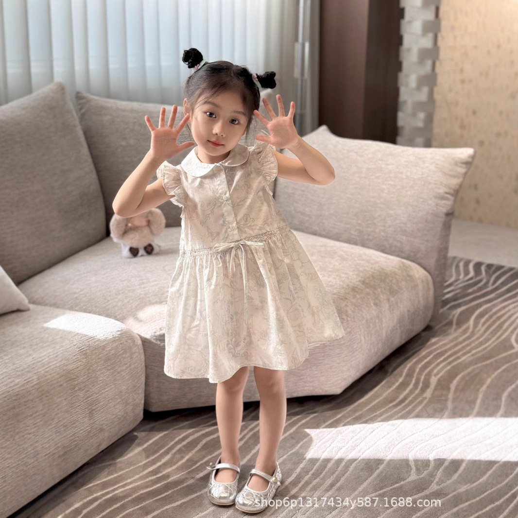 Explosions 2025 Summer New Girls' dress Solid Color Printed Small Flying Sleeve Princess Dress Small Fresh Waist Dress