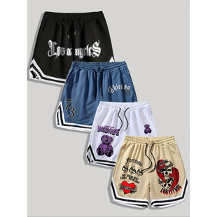 2025 European and American cross-border men's printed love skull face letter printed shorts, four-piece set