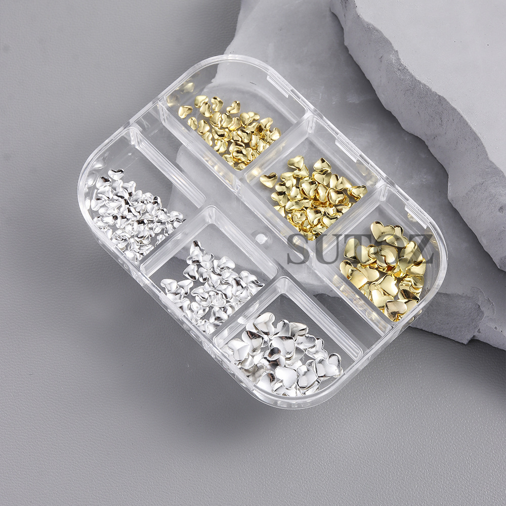 6-Compartment Gold and Silver Two-Tone Heart Nail Art Decoration Set, Hollow Twist Solid Heart Sequins, Exquisite Versatile Decoration