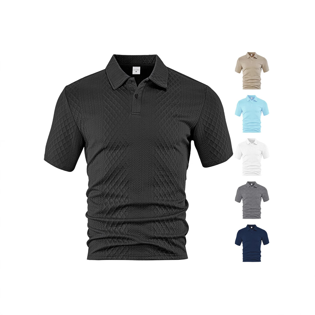 Ropa de hombre transfronteriza europea y americana estilo fino de verano suelto transpirable casual color sólido jacquard solapa camisa polo de hombre de manga corta