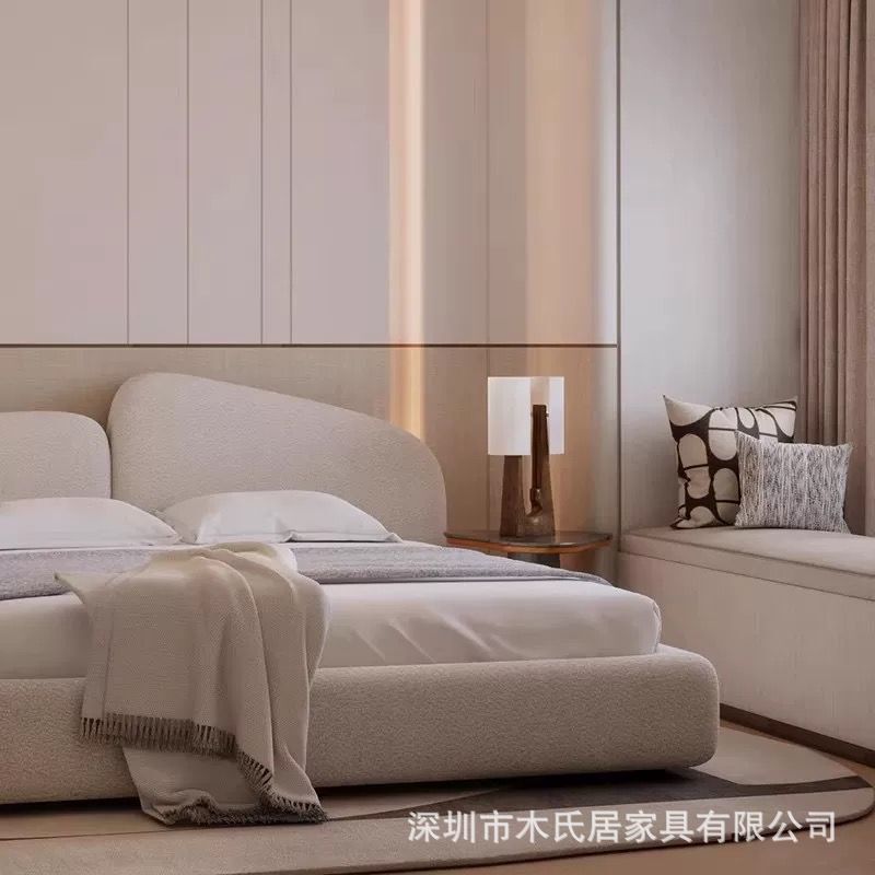French-style cream-colored bed with a rock-like texture, featuring a simple lamb wool fabric, Italian modern minimalist design, and a Nordic-style double bed suitable for weddings