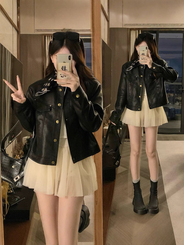 韩版翻领皮衣短款外套女2025秋季新款感气质显瘦休闲夹克上衣|undefined
