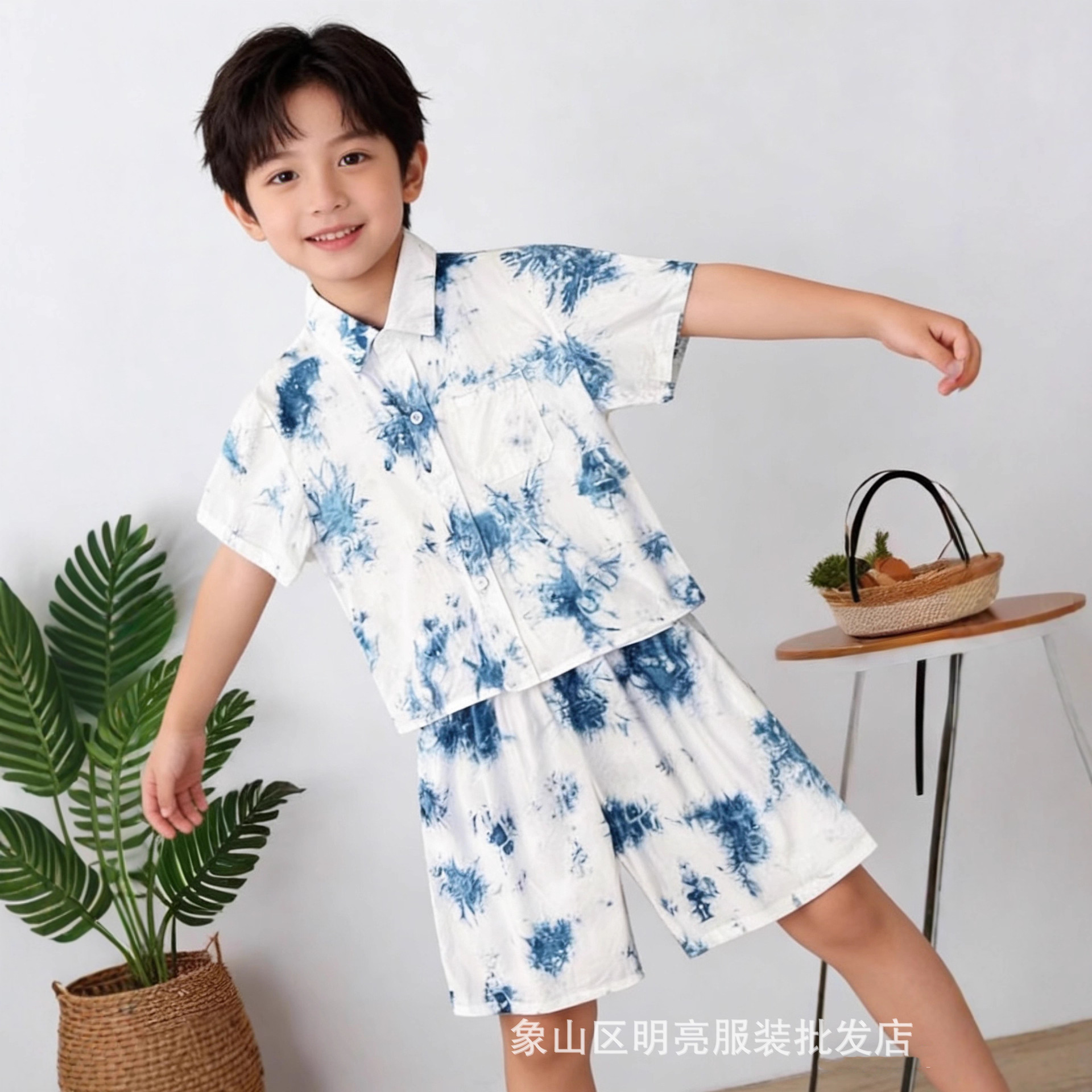 Tie-dyed Cotton Shirt Summer Ethnic Style Handmade Tie-dyed Boy's Shirt suit Hanging Breathable Comfortable Travel Leisure