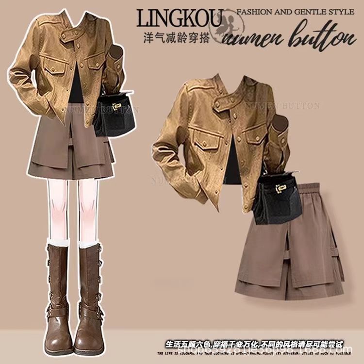 Plus-Size Autumn Age-Reducing Set for Women: Maillard Western Jacket with Camisole, Slimming Casual Shorts Three-Piece Set