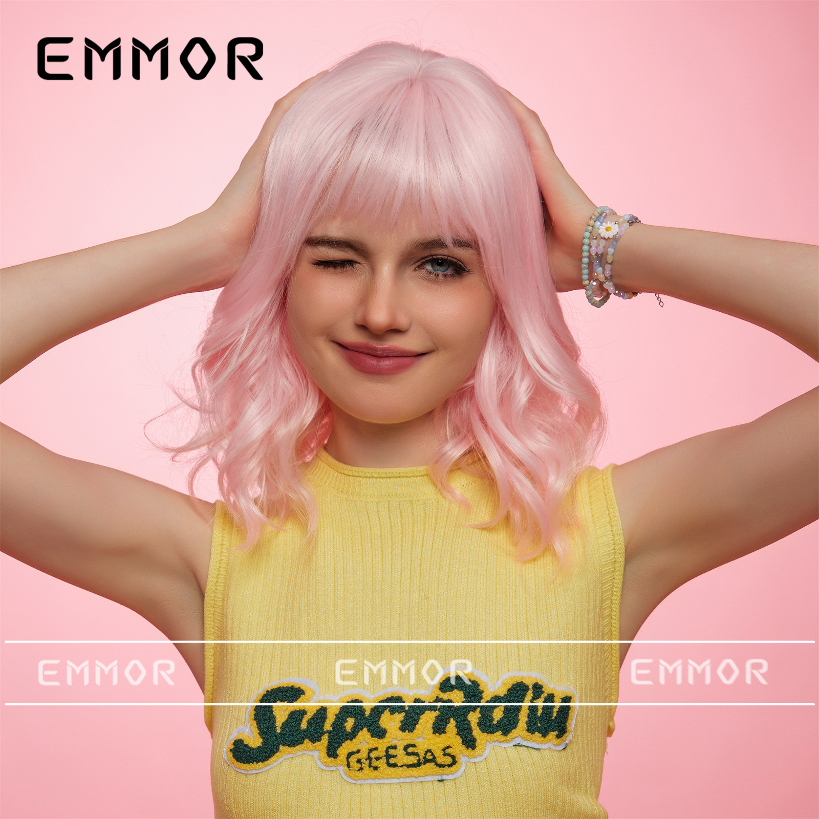 Shein Venta caliente dopamina recto Bangs colorido corto rizado pelo onda cabeza natural realista dulce fresco peluca cabeza cubierta para las mujeres