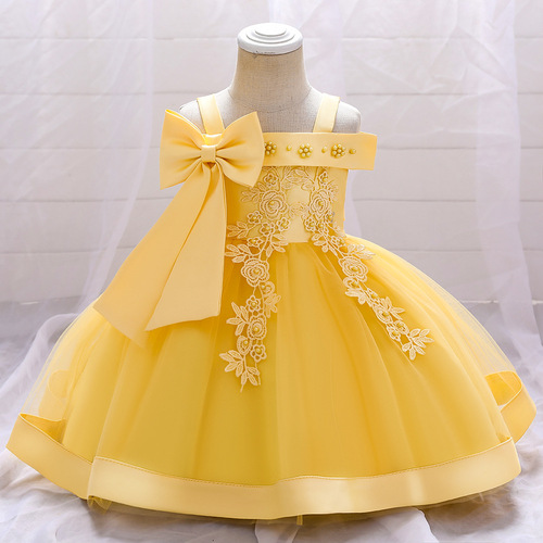 New Children's Dress for Girls with Pearl Flowers, Everyday Wear, One-Shoulder Strappy Birthday Dress for 1-Year-Old Babies