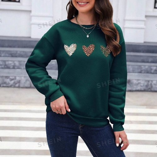 Essnce Leopard Heart Print Drop Shoulder Sweatshirt