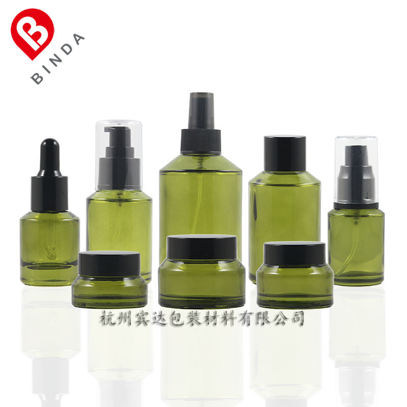 杭州宾达 现货不漏液 瓶壁均匀 橄榄色斜肩套装瓶 玻璃花水瓶