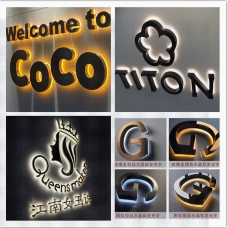 Precision brushed stainless steel titanium LED backlit letter design and production, outdoor advertising storefront signs, mini lettering