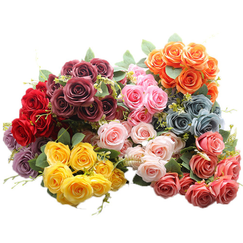 Simulated European autumn color 10-head rose bouquet wedding shopping mall home vase flower arrangement fake silk cloth flower decoration