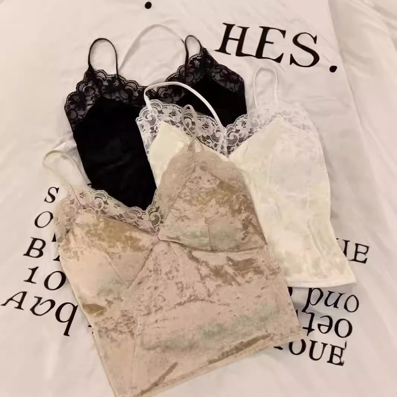 Autumn and Winter New French Velvet Lace Camisole with Beautiful Back, Padded, Pure and Sexy Base Top for Women