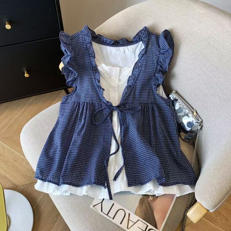 2025 Korean-Style Plaid Faux Two-Piece Shirt for Women with Ruffled Edges, Age-Reducing Loose Sleeveless Babydoll Tank Top 2025 Korean-Style Plaid Faux Two-Piece Shirt for Women with Ruffled Edges, Age-Reducing Loose Sleeveless Babydoll Tank Top